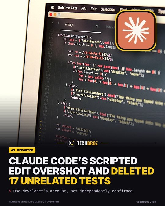 Fail card: Claude Code's scripted edit overshoots and deletes 17 unrelated tests