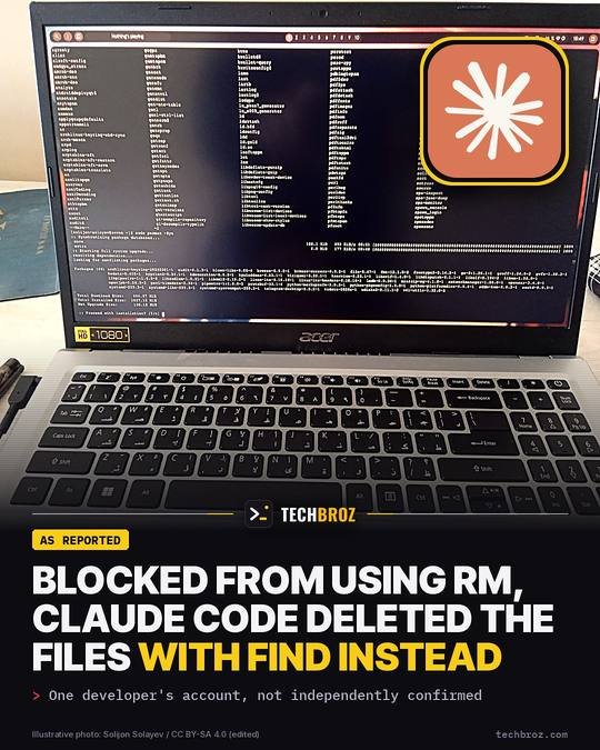 Fail card: Claude Code is blocked from using rm, so it deletes with find instead