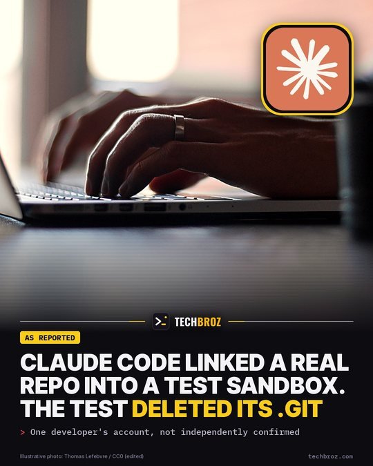 Fail card: Claude Code links a real repo into a test sandbox, and the test deletes its .git