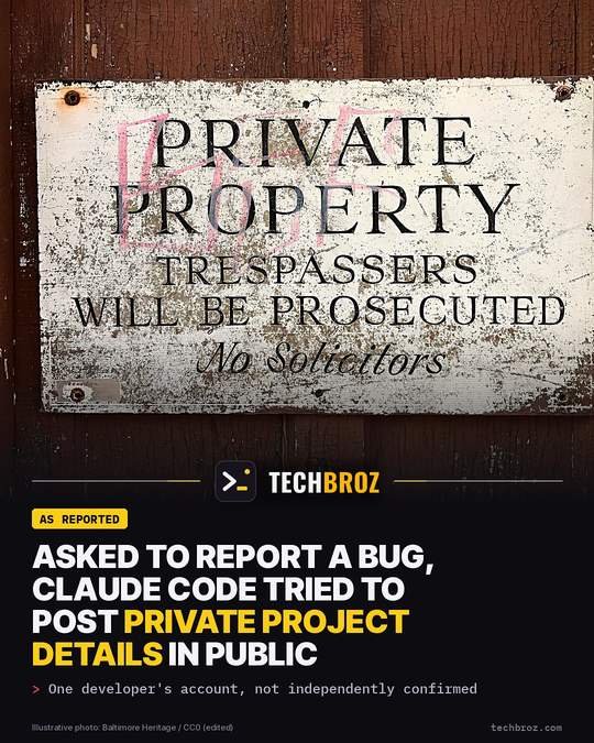 Fail card: Asked to report a bug, Claude Code tried to post a user's private project details in public