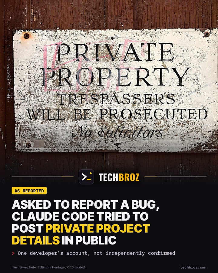 Fail card: Asked to report a bug, Claude Code tried to post a user's private project details in public