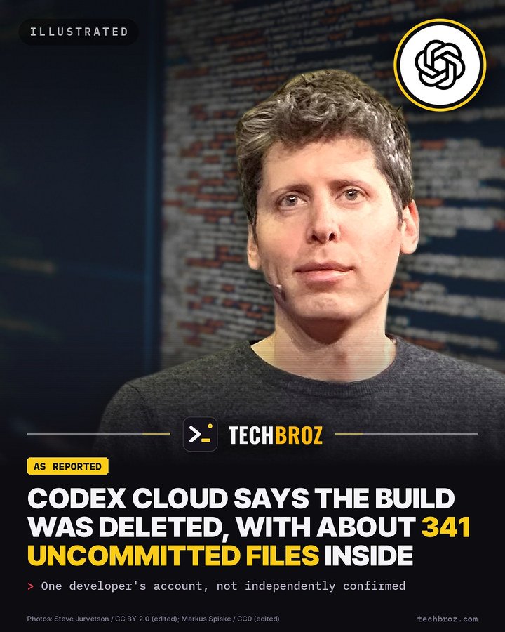 Fail card: A developer says Codex Cloud deleted the build behind two tasks, locking away about 341 files of uncommitted work