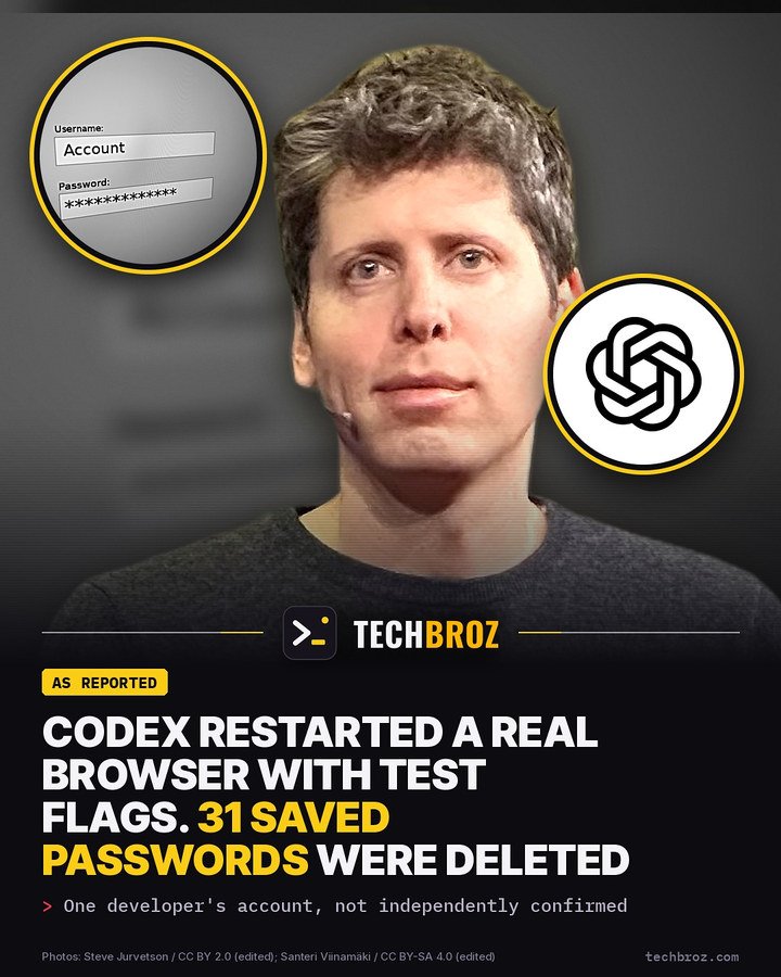 Fail card: A developer says Codex relaunched their real browser with test flags and 31 saved passwords were deleted