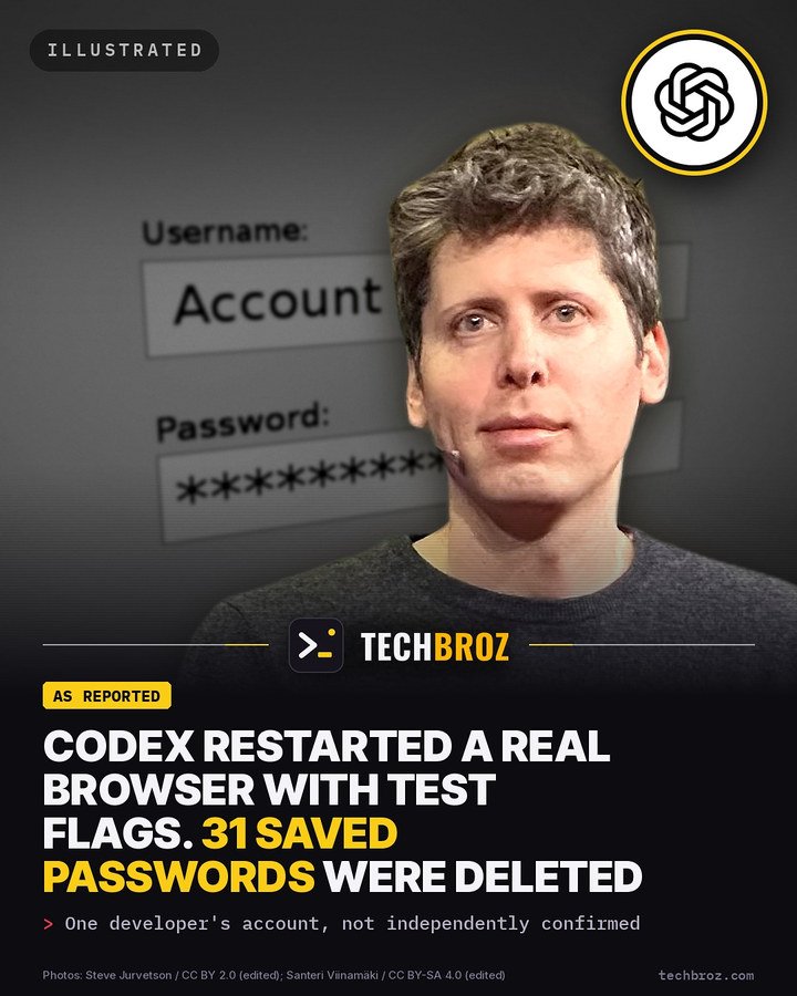 Fail card: A developer says Codex relaunched their real browser with test flags and 31 saved passwords were deleted